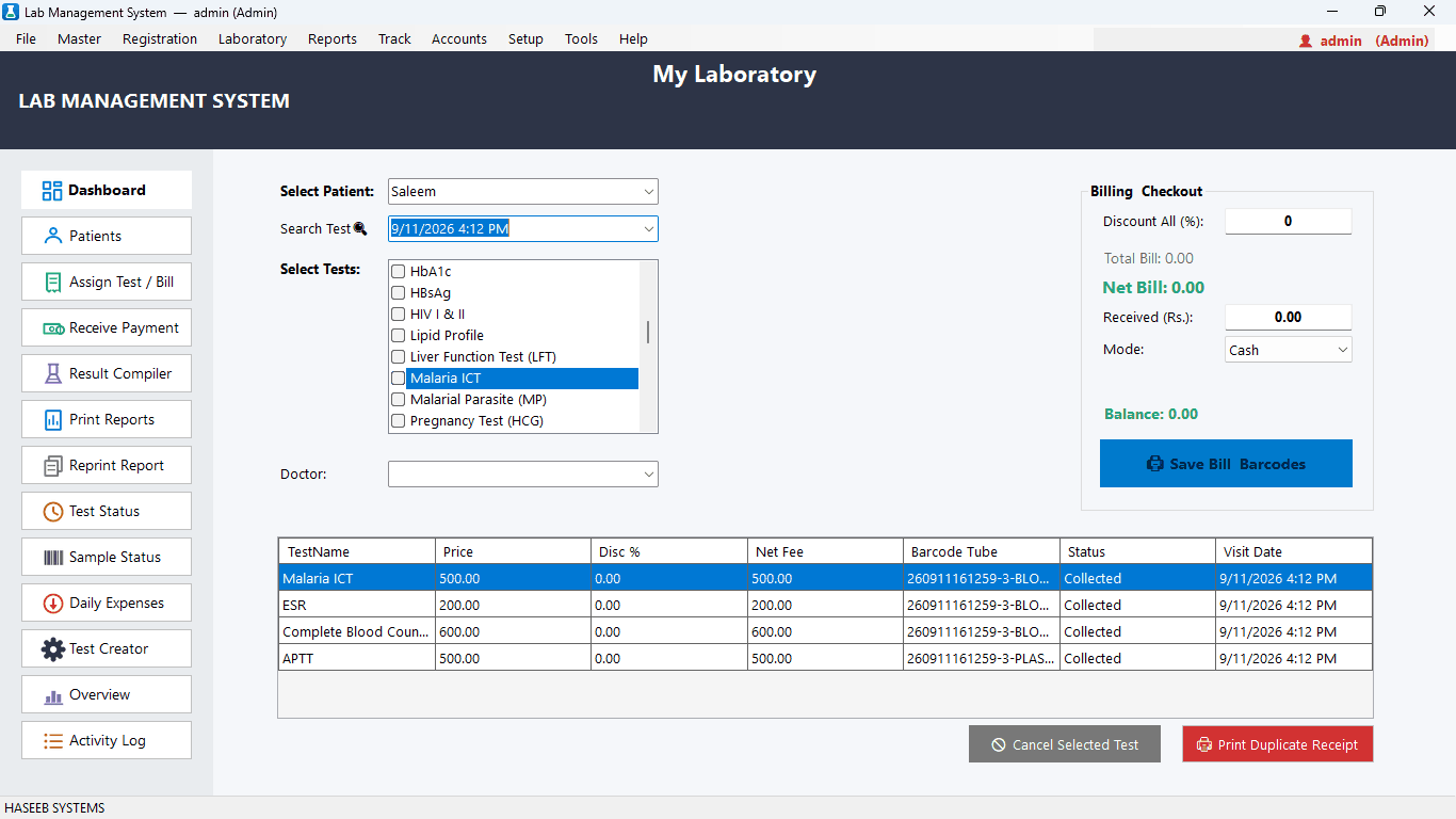Lab billing screen with selected tests, discount, payment mode and balance