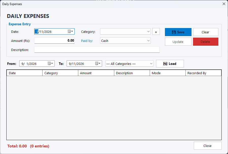 Daily expenses screen with categories and payment modes for a lab