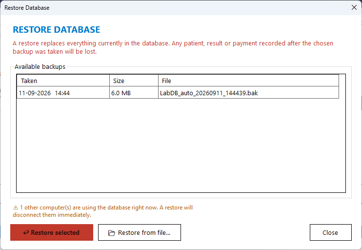 Restore screen to bring back a previous database backup in a few clicks
