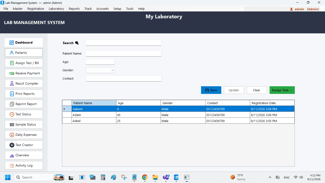 Patient registration screen with searchable patient list in lab management software