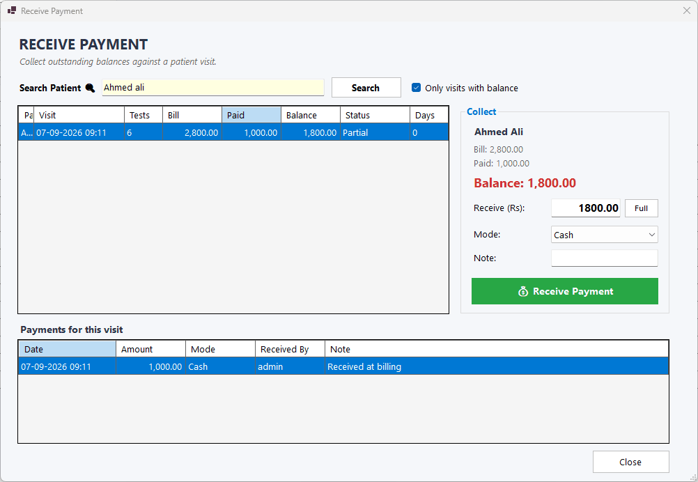 Receive payment screen showing outstanding balance, payment mode and collection