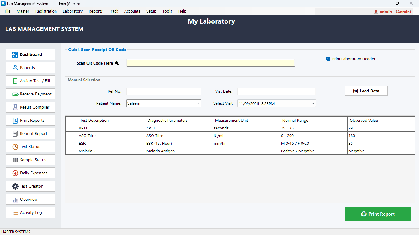 Print reports screen for pathology lab results with units, normal ranges and flags
