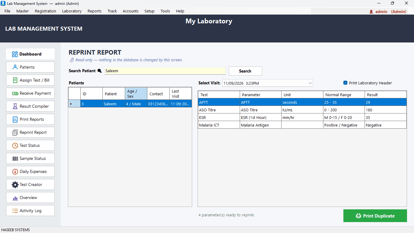 Reprint report screen to find and print any past lab report again