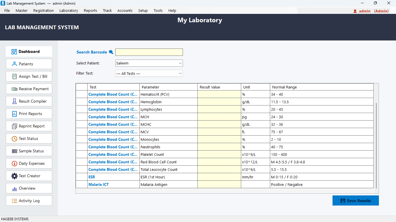 Result entry screen with parameter values and automatic high low flags