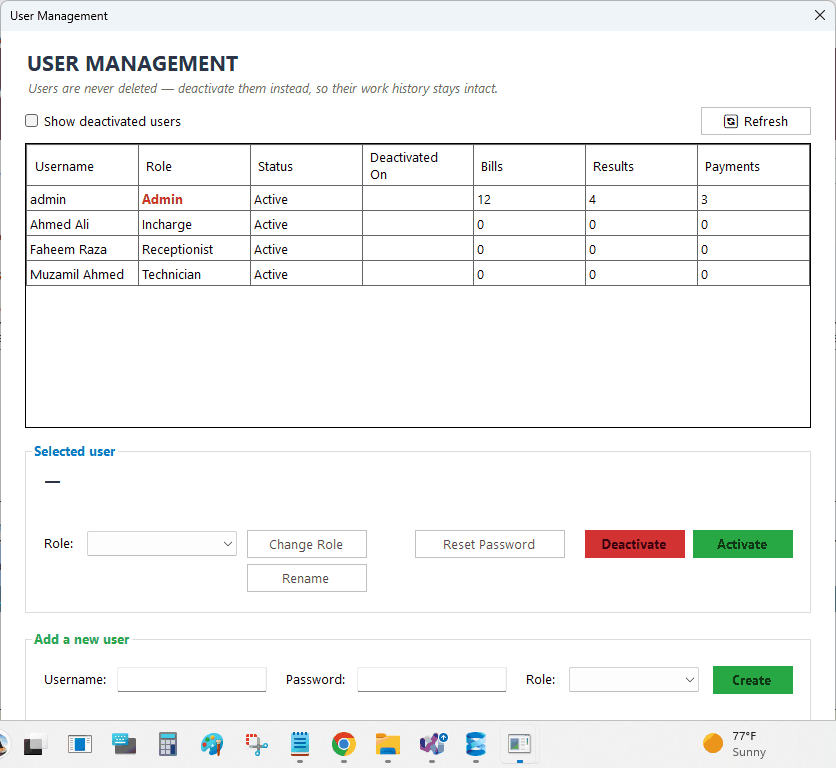 User management screen with Admin, In-charge, Receptionist and Technician roles
