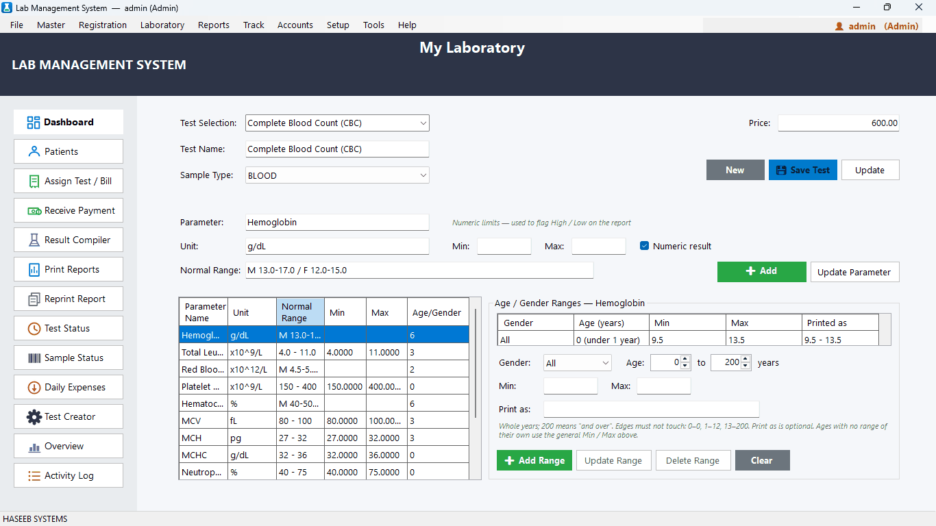 Test setup screen with age and gender based reference ranges for hemoglobin